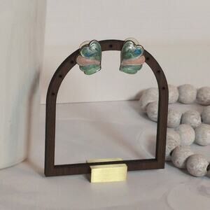 VTG 1980s Silver-Tone Mint Green & Tan Cloisonne Heart-Shaped Pierced Earrings